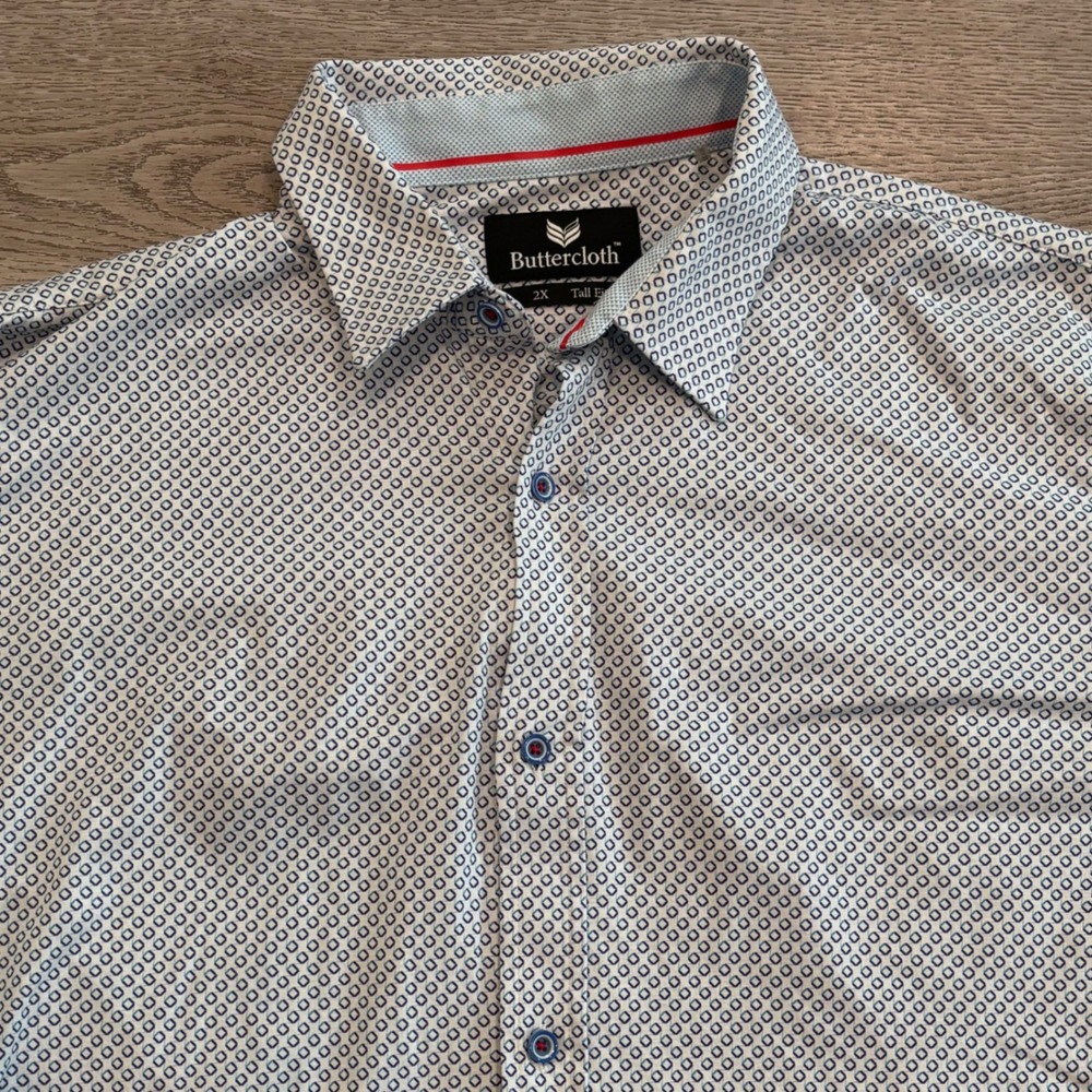 Buttercloth Button Down Shirt Mens 2X Tall White Blue Geometric Preppy Casual - Picture 2 of 9